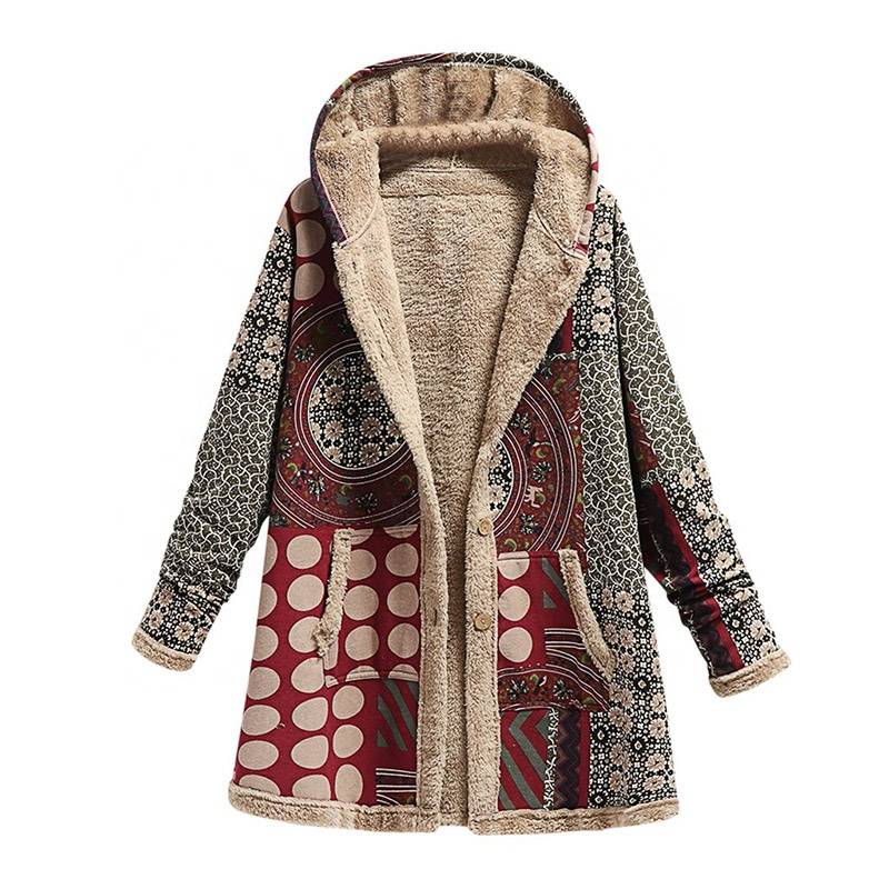 2021 Winter Vintage Women Coat Warm Printing Thick Fleece Hooded Long Jackets with Pockets Ladies Outwear Loose Coat for Women - Image 3