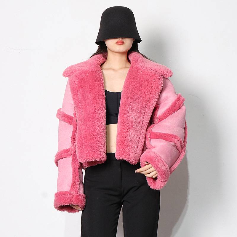 Wholesale Winter New Polo Collar Jacket Coat Stitching Lamb Wool Ladies Coat Leather Fur Thickened Coat for Women - Image 6