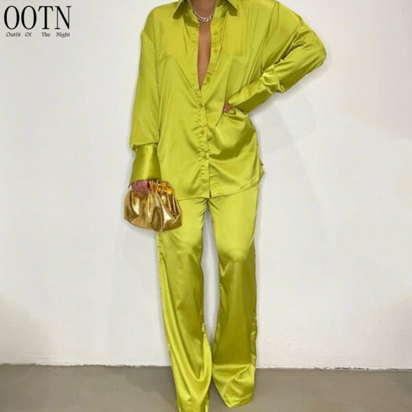 OOTN Straight Pants Suit Female Loose Tops Two Pieces Outfits Casual Long Sleeve Shirt 2023 Elegant Satin Women's Matching Sets - Image 6
