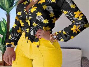 Women Floral Print Tracksuit Turn-down Collar Long Sleeve Tie Front Causal Top Blouse and pant sets Women Shirts Set