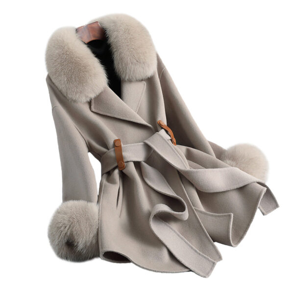 Women Winter with Belt Real Fox Fur Collar and Cuff Wool Coat Cashmere Coat Jacket - Image 6
