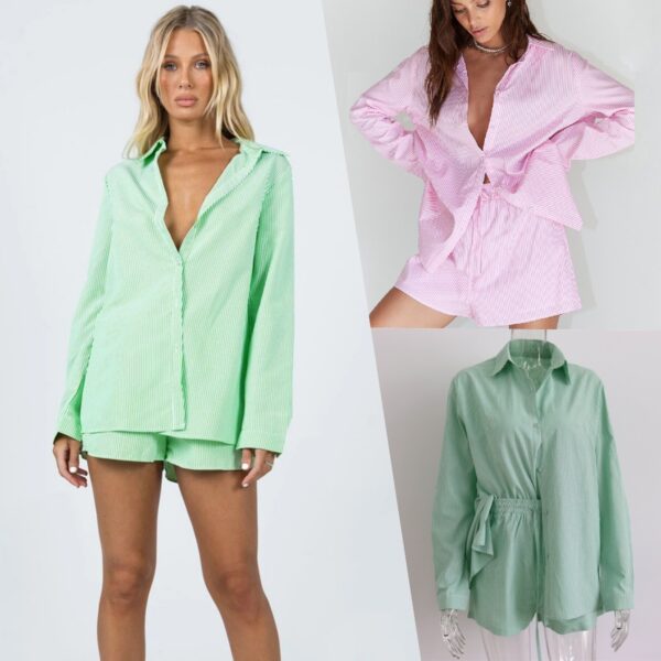 Fall 2023 Women Clothes Striped Two Piece Pants Set Green long sleeve shirt and Short Sets For Women - Image 6