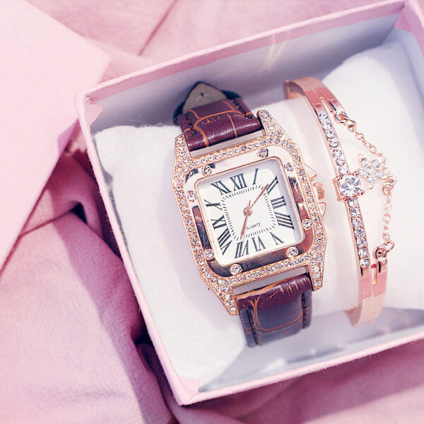 Hot Sale Women Ladies Fashion Leather Strap Square Diamond Quartz Wrist Bracelet Watches Gift Set WW06 - Image 4
