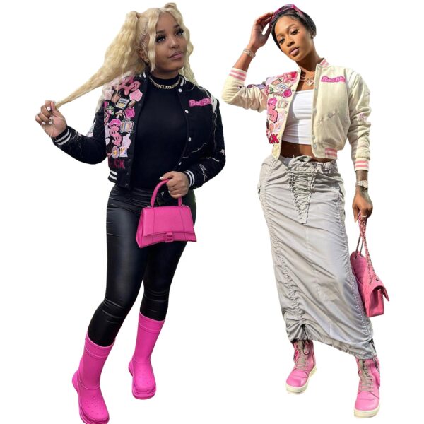 In Stock 2023 Fashion Baseball Jacket Women Print Pink Coat Varsity Jacket For Spring - Image 5