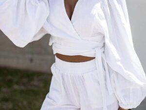 Bclout/QINSI Female Lace Up Long Sleeve Shirts Tops And Shorts Set Women Casual Loose V Neck Crop Top Shorts Two Piece Set