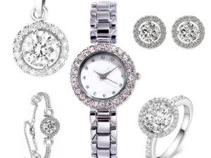 Fashionable Ladies Boutique Set Diamond Watch + Bracelet + Ring + Earrings + Necklace Sparkling Jewelry Set