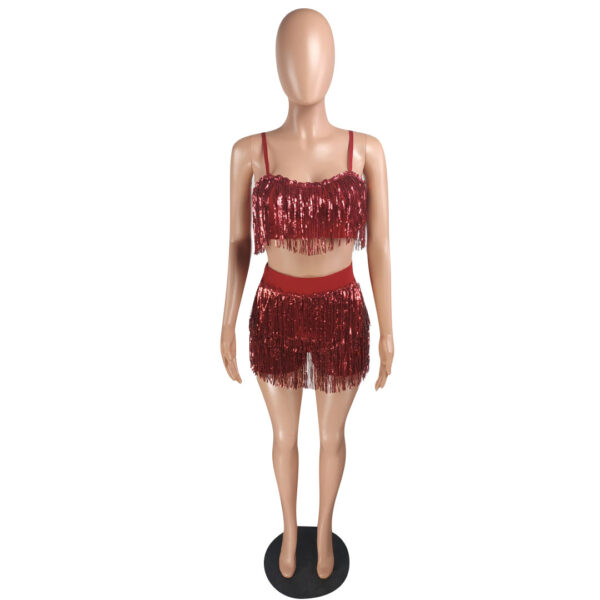 MT23-6128  Hot sale nightclub tassel girls 2-piece party club women's shorts dress sexy sequins 2 piece set women - Image 4