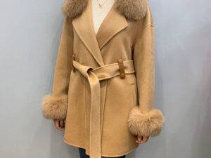Women Winter with Belt Real Fox Fur Collar and Cuff Wool Coat Cashmere Coat Jacket