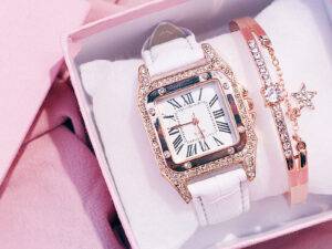 Hot Sale Women Ladies Fashion Leather Strap Square Diamond Quartz Wrist Bracelet Watches Gift Set WW06