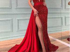 women's Sequin tassel Slim bodycon off the shoulder red sexy satin evening dress