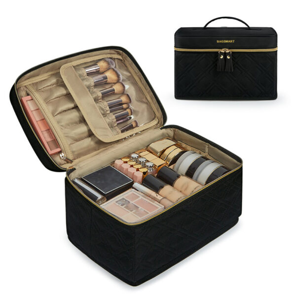 2021 Bagsmart Double Layer Foldable Travel Toiletry Bag Makeup Storage Quilted Make Up Vanity Box Organizer Cosmetic Bags - Image 6