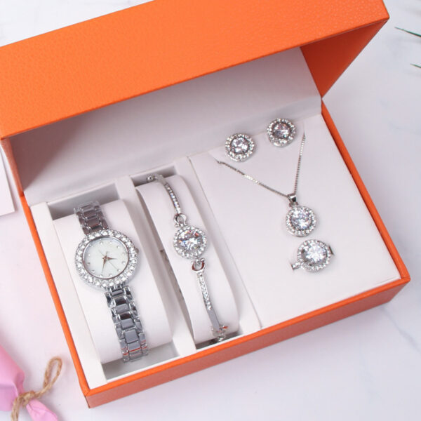 Fashionable Ladies Boutique Set Diamond Watch + Bracelet + Ring + Earrings + Necklace Sparkling Jewelry Set - Image 4