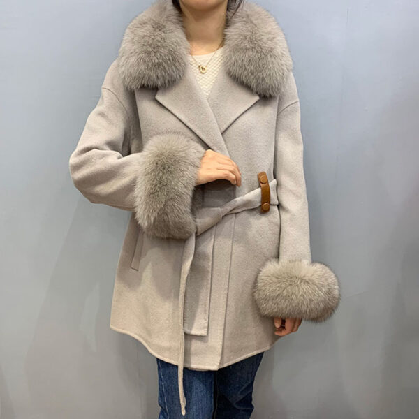 Women Winter with Belt Real Fox Fur Collar and Cuff Wool Coat Cashmere Coat Jacket - Image 4