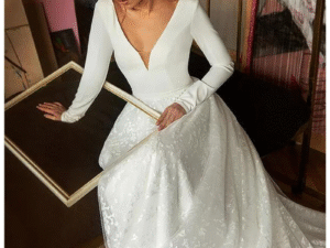 Read to Ship Long Sleeve Wedding Dress Deep V-neck White Ball Gown Lace Wedding Dress