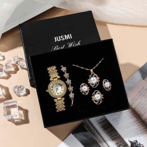 Luxury Bling Iced Out Diamond Quartz Women Watch Set Gold Jewelry Gift Lady Watch Set - Image 6