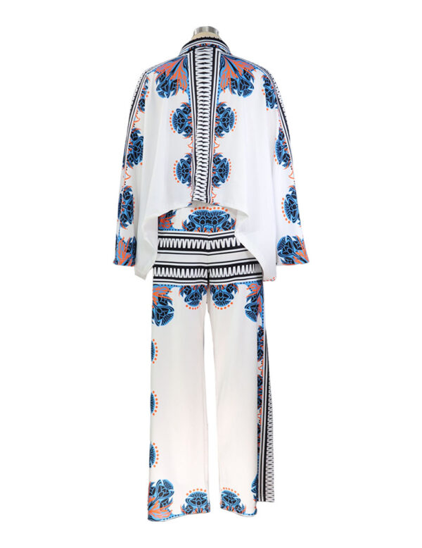 New printed blouse shirt top and long wide leg formal business pant two piece suit sets for women - Image 3