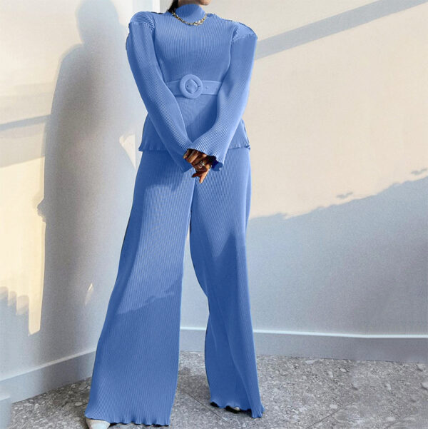 Women Clothing Casual Outfits Solid Color Pleated Long Sleeve Shirt Top And Wide Leg Pants trousers 2 piece set women fall 2022 - Image 6