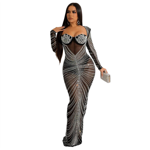 rhinestone-dress birthday white red mesh rhinestone crystal luxury maxi long wedding party women dress lady 2022 with rhinestone - Image 5