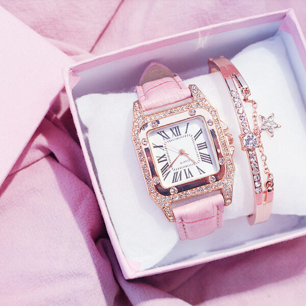 Hot Sale Women Ladies Fashion Leather Strap Square Diamond Quartz Wrist Bracelet Watches Gift Set WW06 - Image 2