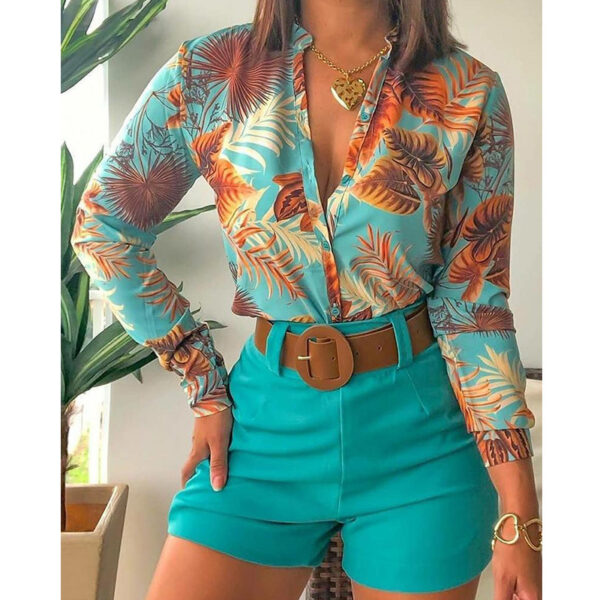 Women Floral Print Tracksuit Turn-down Collar Long Sleeve Tie Front Causal Top Blouse and pant sets  Women Shirts Set - Image 4