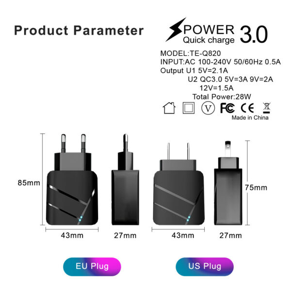 28w Dual Port Qc3.0 Fast Cell Phone Charger Portable Wall Charger Adapter Mobile Phone Techno Original Phone Charger Black White - Image 3