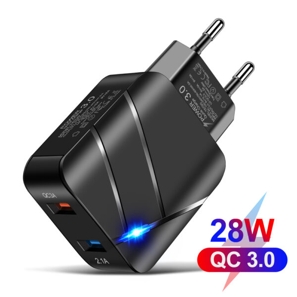 28w Dual Port Qc3.0 Fast Cell Phone Charger Portable Wall Charger Adapter Mobile Phone Techno Original Phone Charger Black White - Image 2